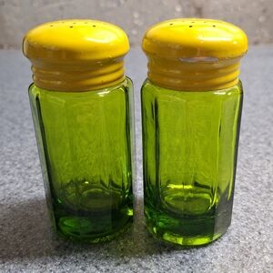 Takahashi Japan Green Glass Salt & Pepper Shakers w/Greenish-Yellow Metal Lids